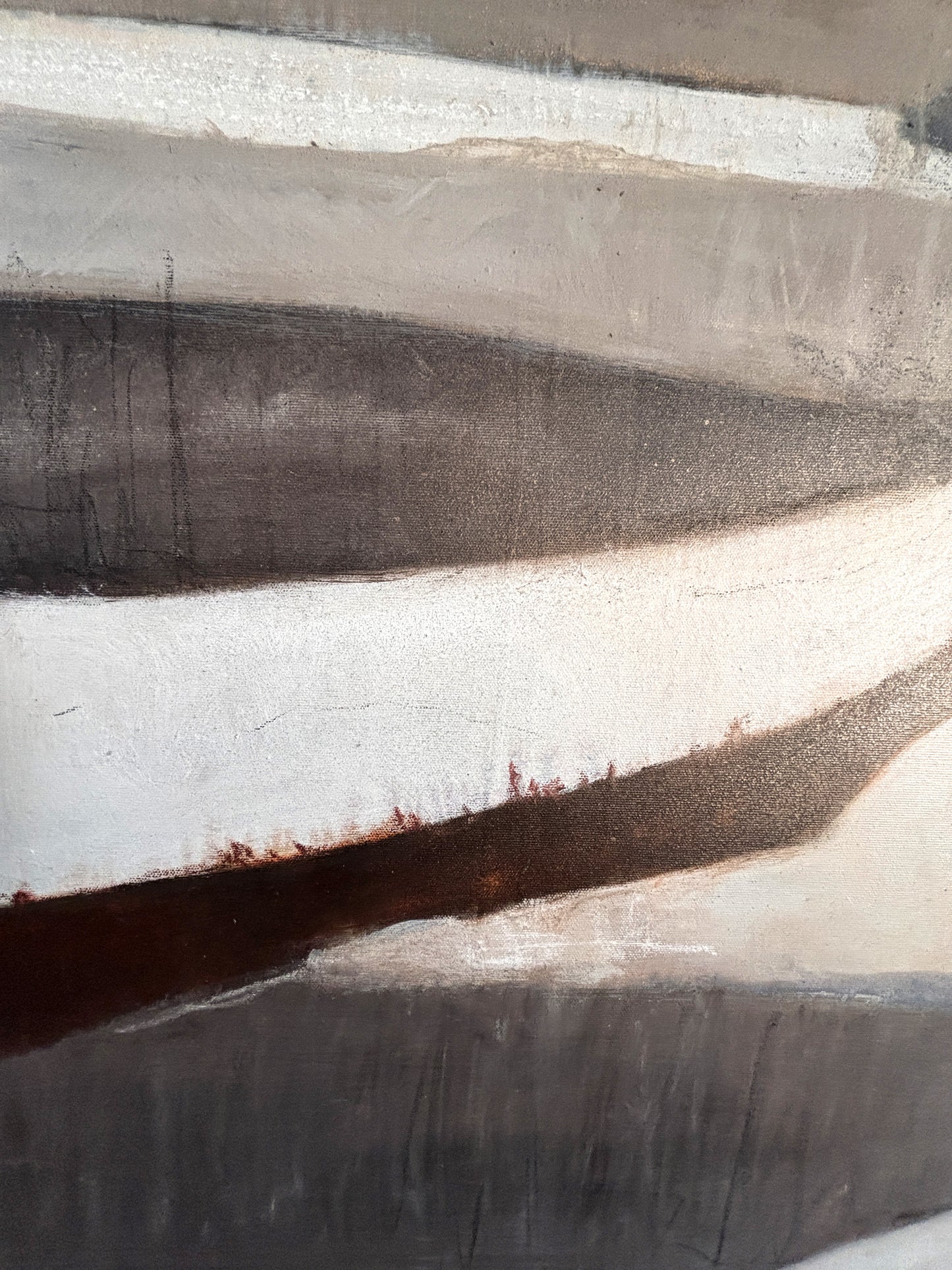 Moderne Wandkunst mit abstrakter Winterlandschaft, ruhige Farbflächen und horizontale Linien.