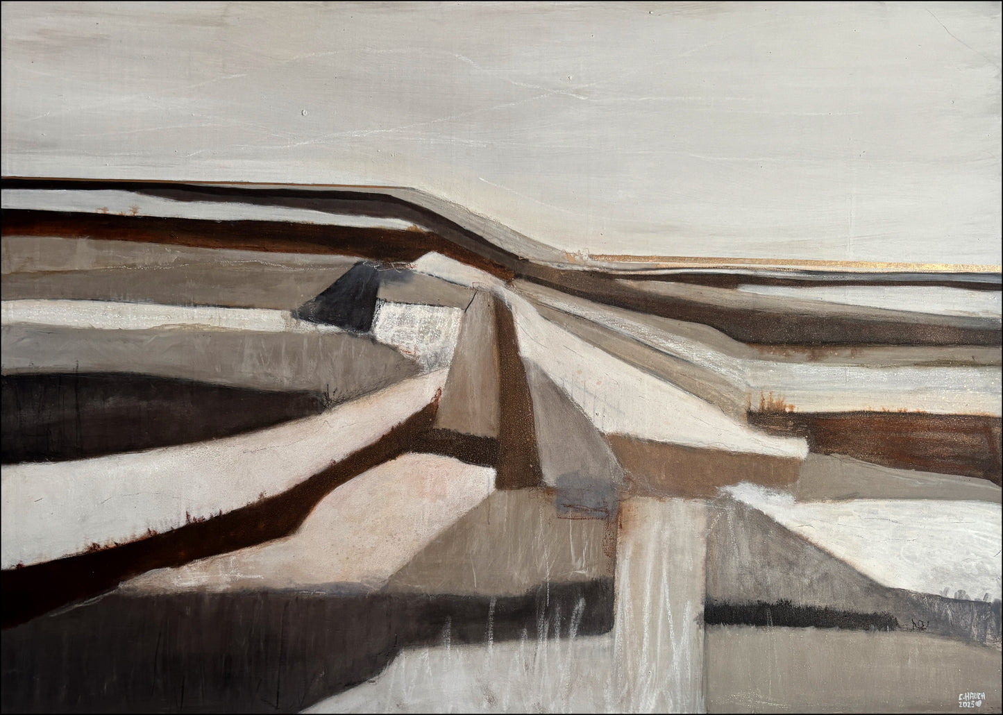 Abstrakte Kunst inspiriert von Winterfeldern, ruhige Erd- und Grautöne, Original auf Leinwand.