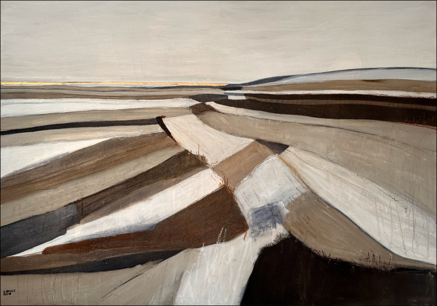 Strukturierte abstrakte Malerei mit Erdschichten, reduzierter Farbigkeit und stiller Atmosphäre.