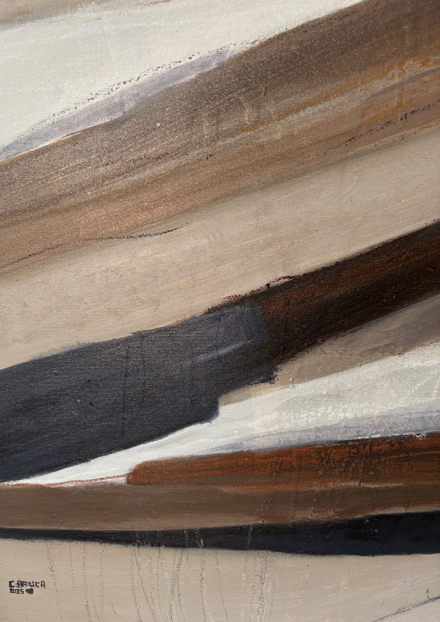 Zeitgenössisches abstraktes Gemälde mit Tiefe, Erdtexturen und ruhiger Komposition auf Leinwand.