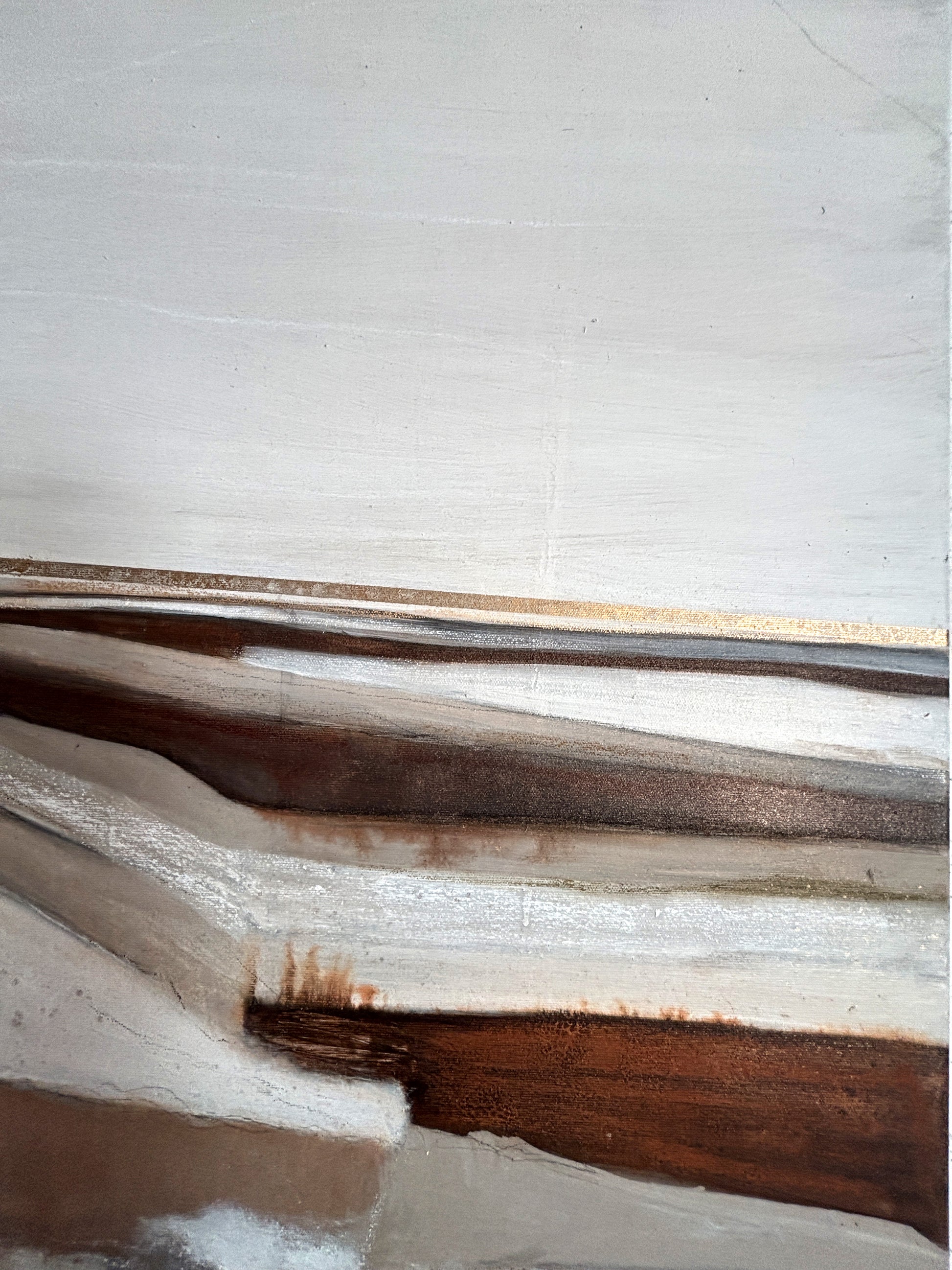 Modernes abstraktes Landschaftsgemälde „Winterfelder“ mit Weite, Stille und reduzierter Farbpalette.