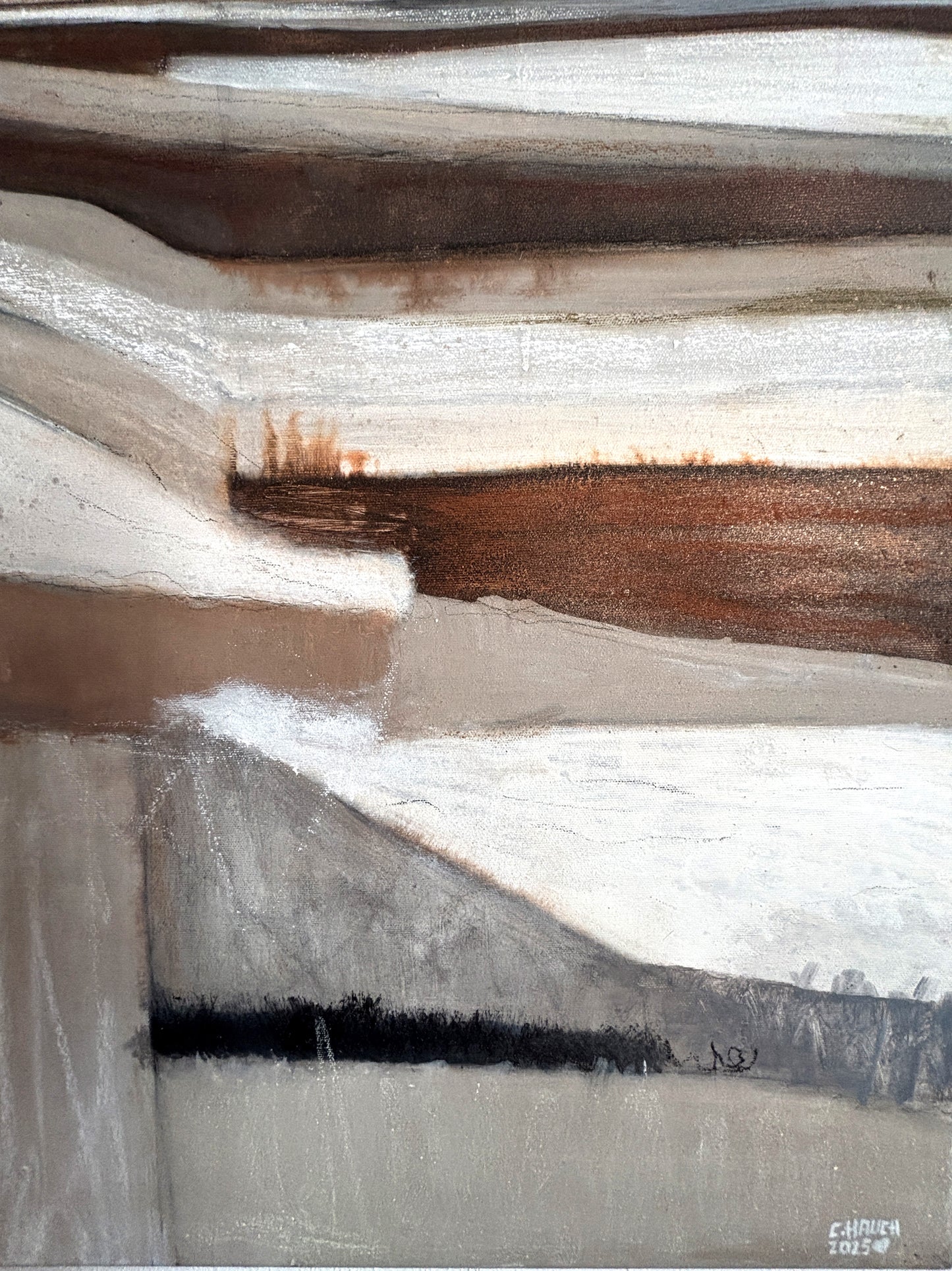 Abstrakte Kunst mit winterlicher Stimmung, strukturierte Felder in gedeckten Naturfarben, Leinwandbild.