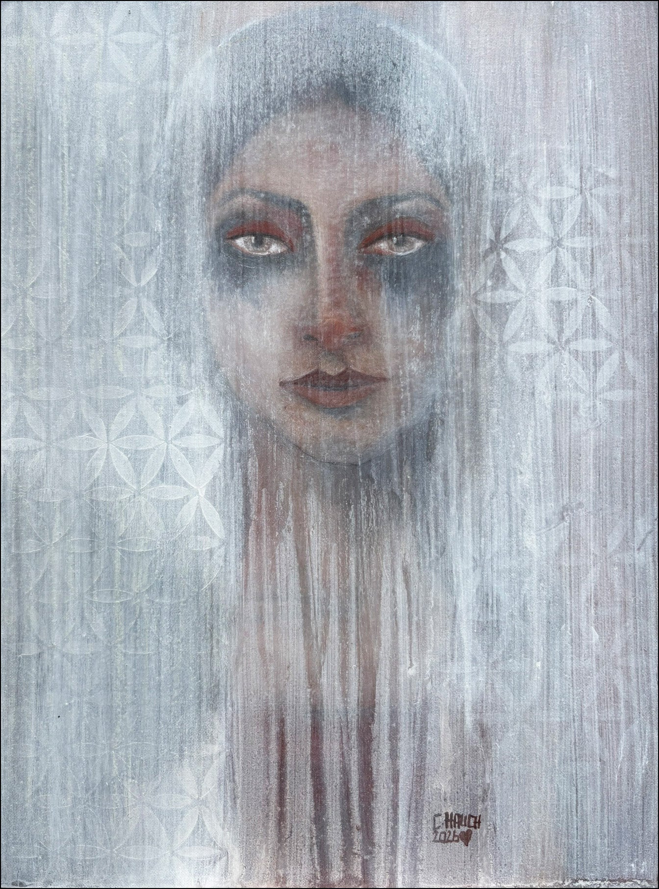 Abstraktes Frauenporträt mit fließenden Übergängen und auflösenden Konturen in ruhiger Farbgebung