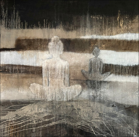 Innehalten – Cornelia Hauch, abstraktes Ölgemälde 120×120 cm, Erde Asche Marmormehl auf Leinwand
