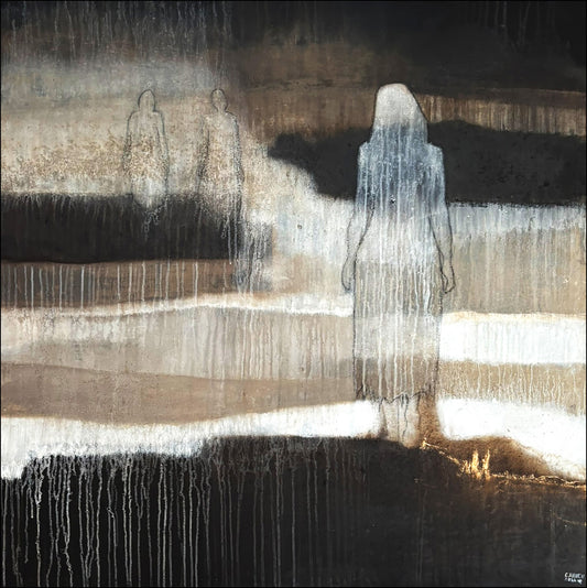 Weitergehen – Cornelia Hauch, abstraktes Ölgemälde 120×120 cm, Erde Asche Marmormehl auf Leinwand