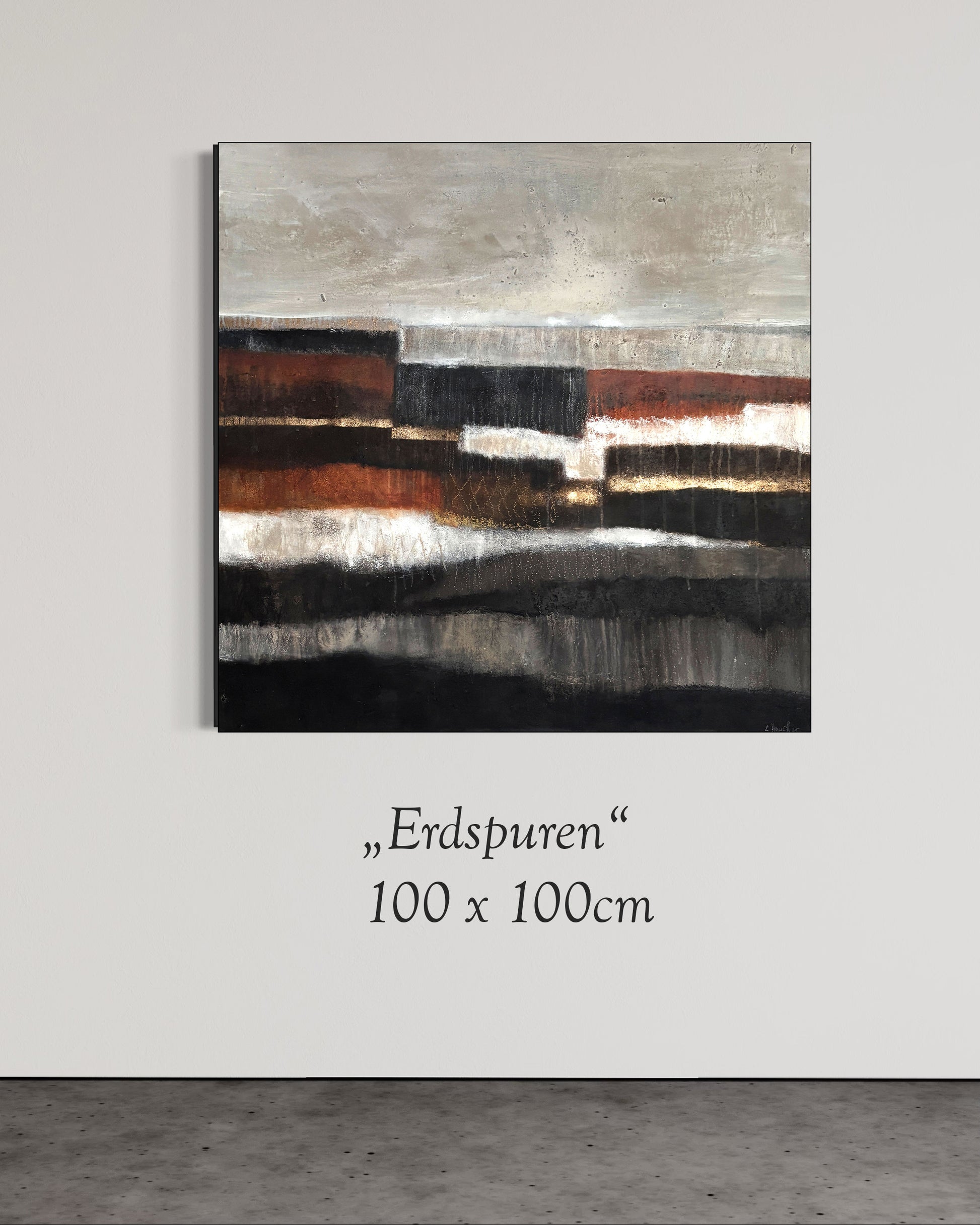 Moderne Materialmalerei mit Schichtungen, Goldakzenten und reduzierter Farbigkeit