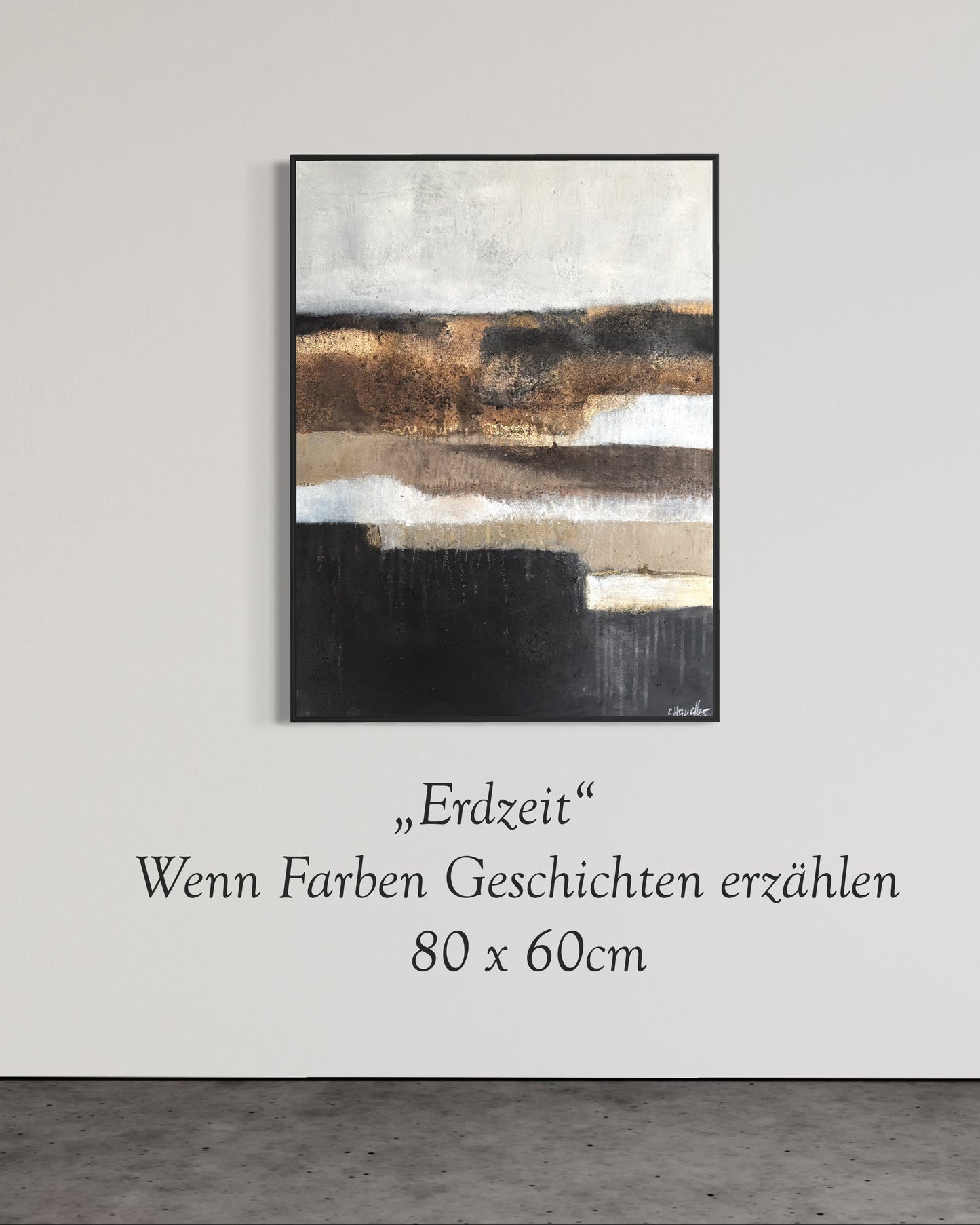 Abstraktes Strukturgemälde mit Erde, Asche und Marmormehl in Schwarz, Gold und Naturtönen, 80 × 60 cm, Mixed Media auf Leinwand.