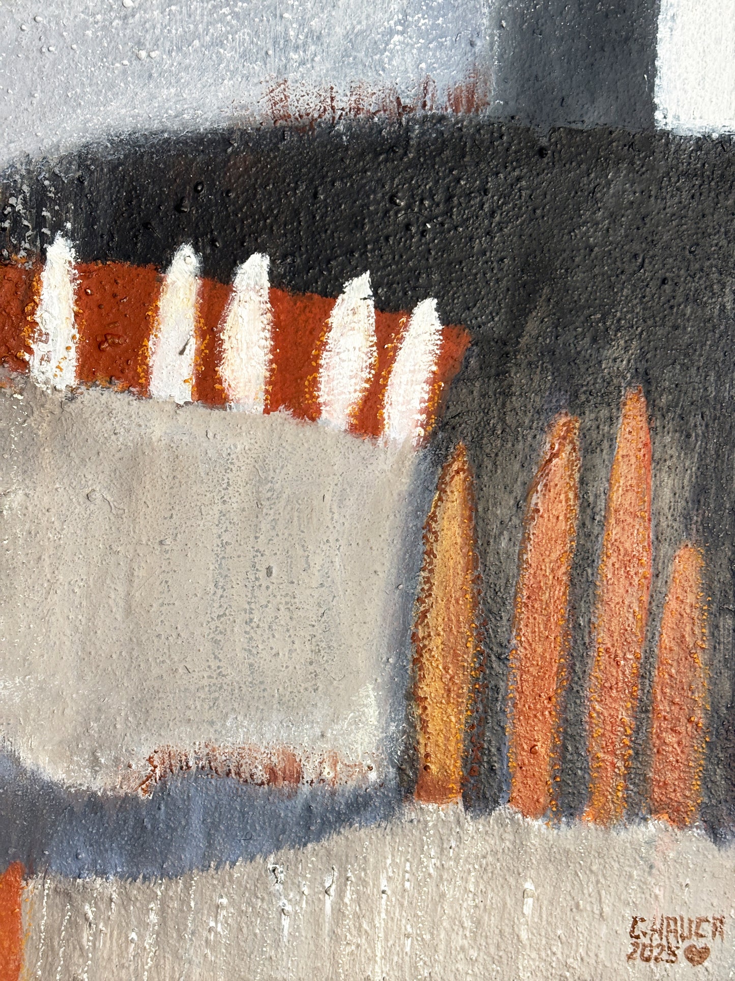 Abstraktes Leinwandgemälde mit vielschichtiger Textur und poetischer Lichtwirkung