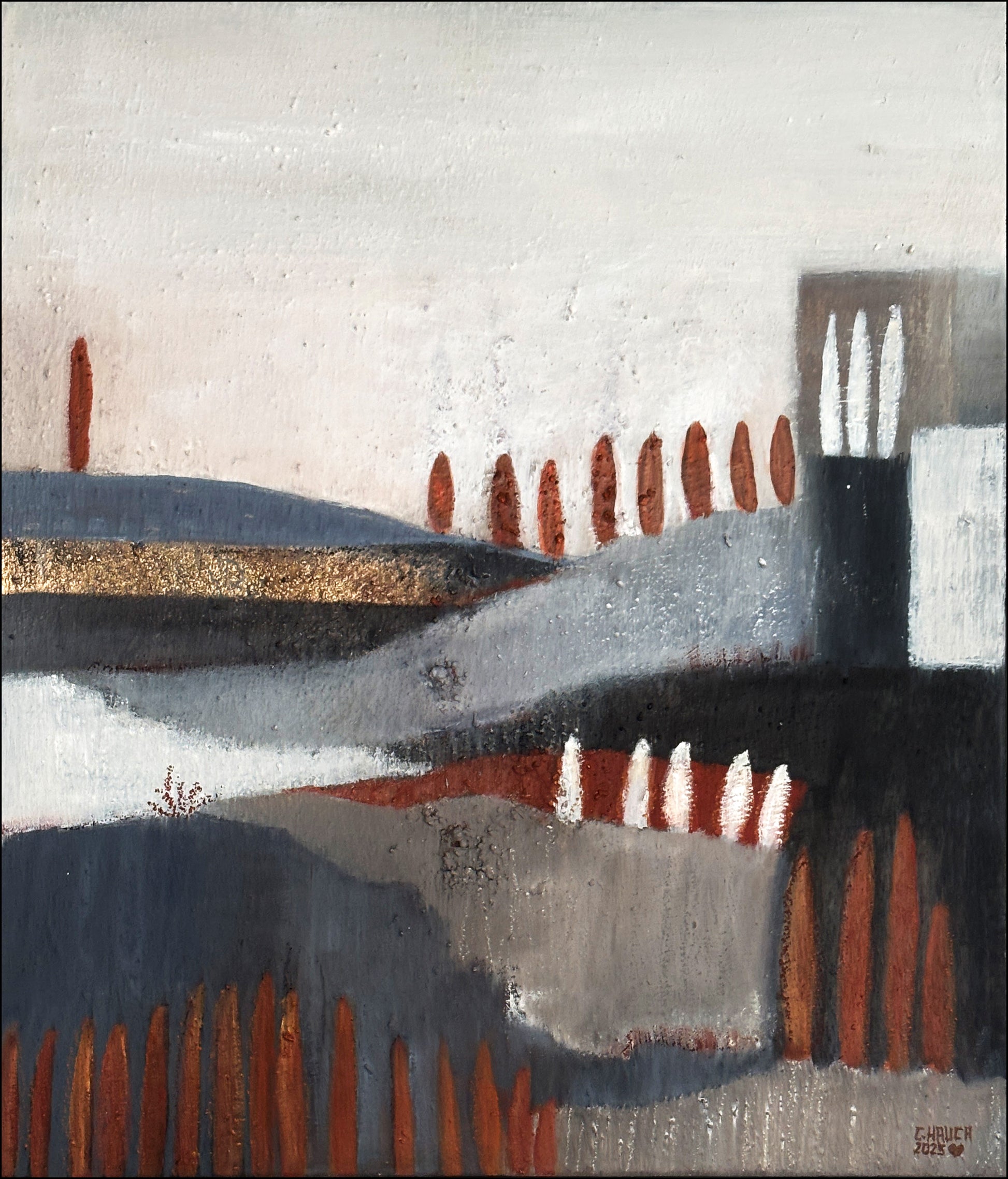 Ruhiges abstraktes Originalgemälde mit mediterraner Anmutung, Grau-, Blau- und Englischrotnuancen