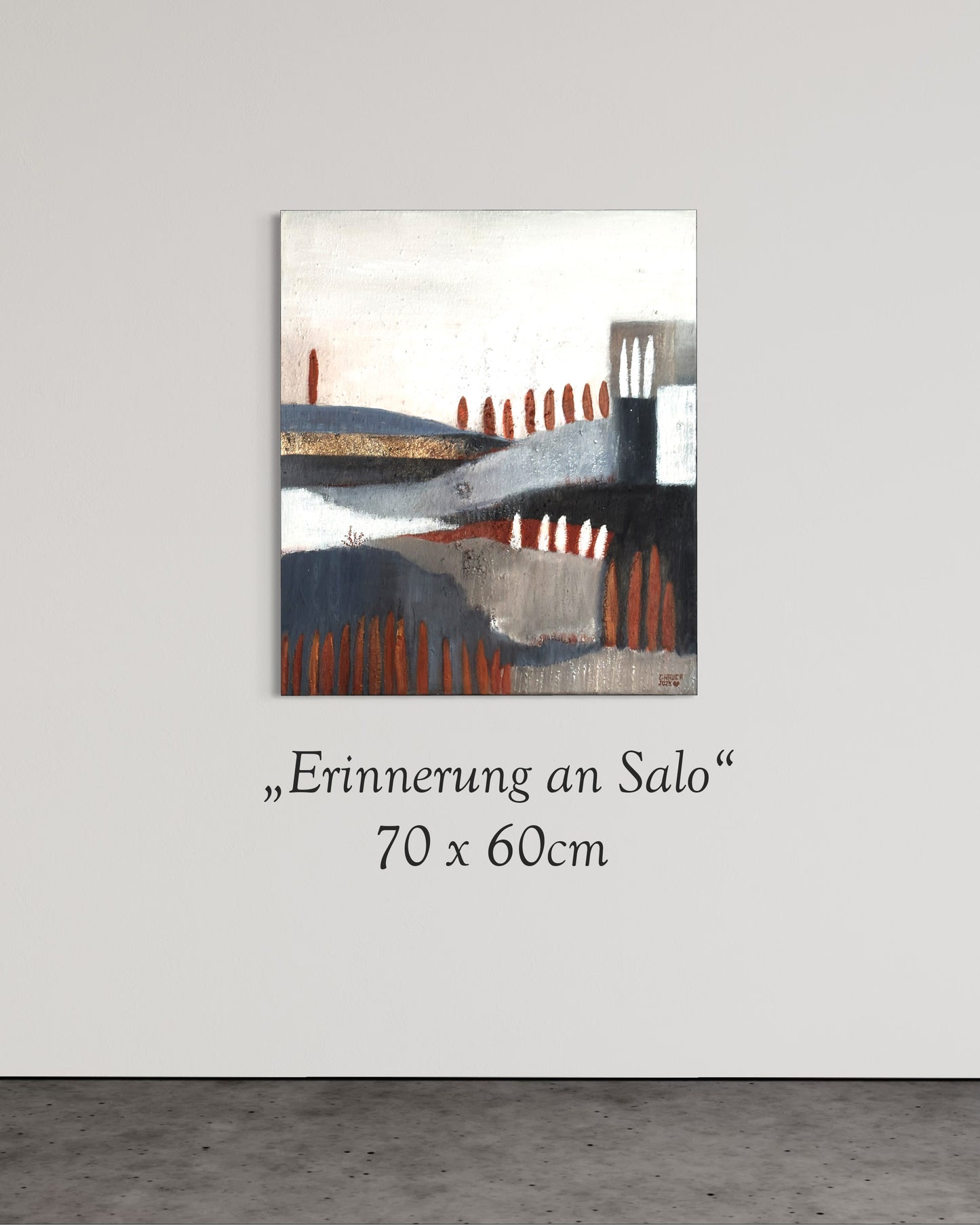 Abstraktes Landschaftsgemälde „Erinnerung an Salo“ in erdigen Naturtönen mit Goldakzenten, 70 × 60 cm
