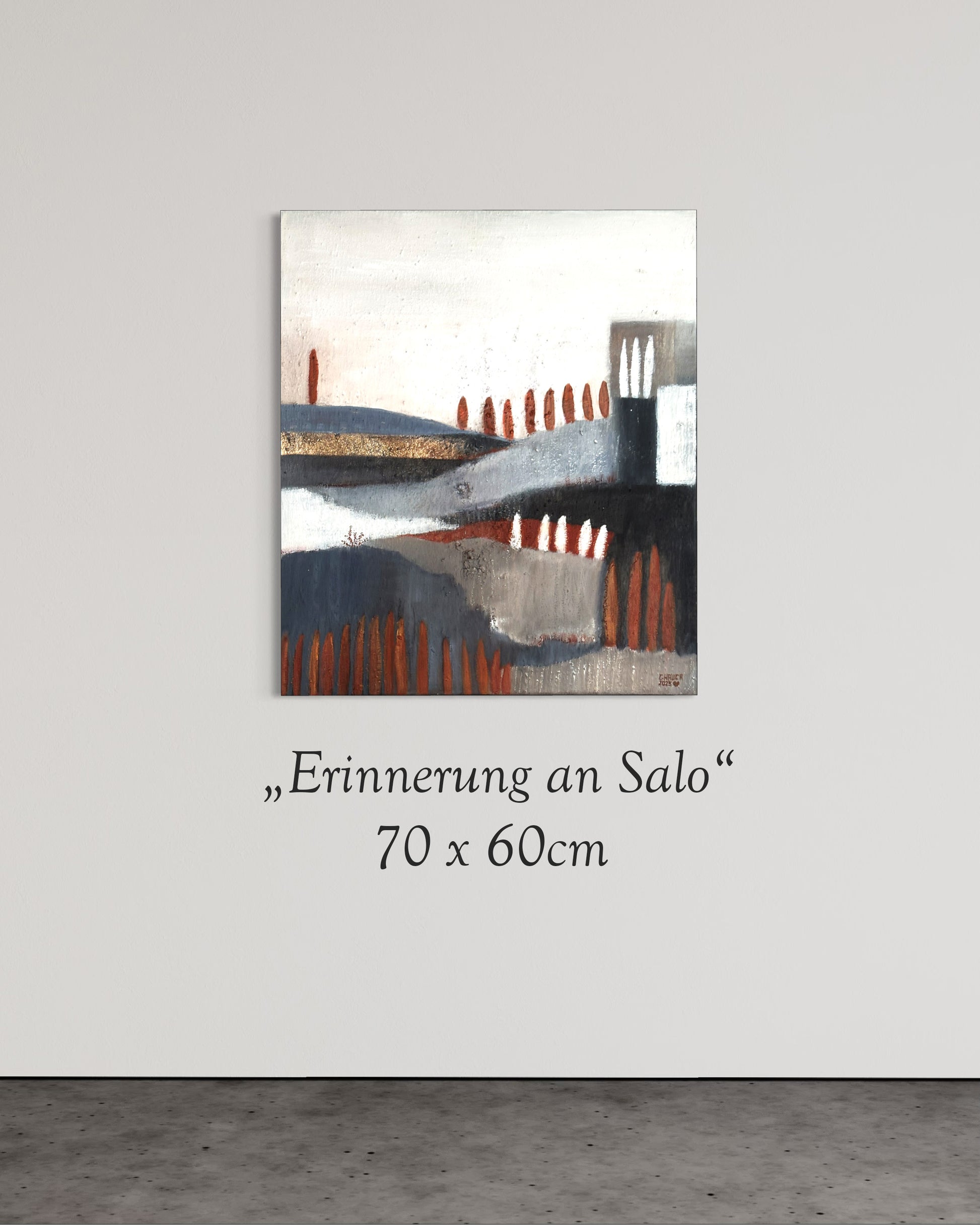Abstraktes Landschaftsgemälde „Erinnerung an Salo“ in erdigen Naturtönen mit Goldakzenten, 70 × 60 cm