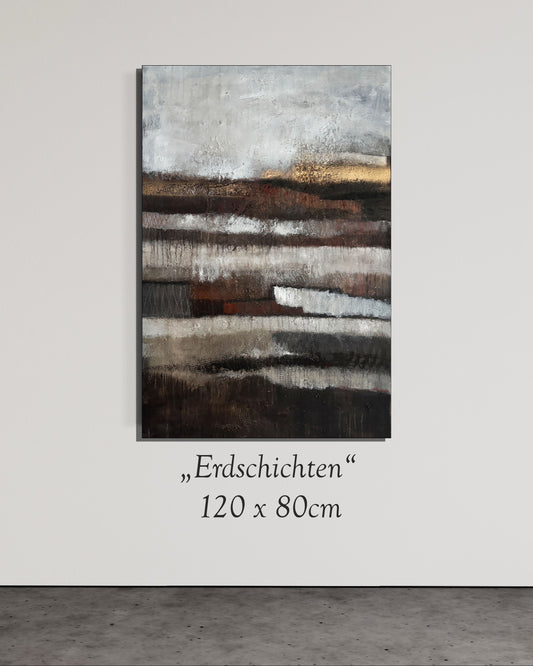 Erdverbundenes abstraktes Gemälde mit Gold, Grau und Terra – still und kraftvoll zugleich