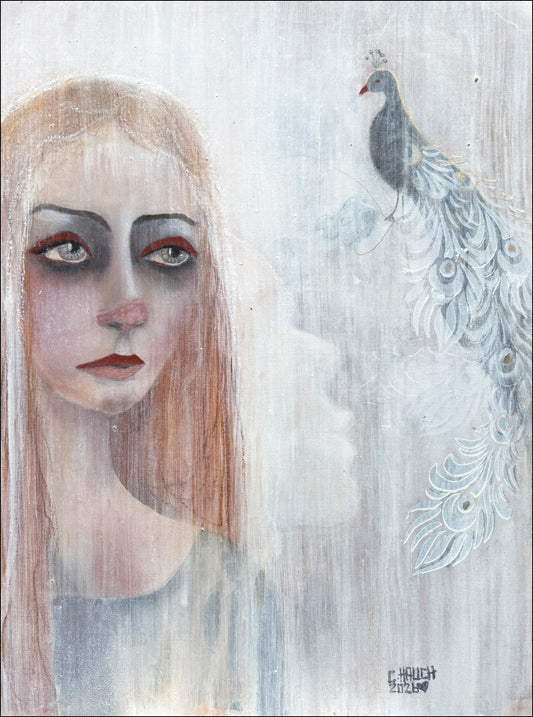 Abstraktes Kunstwerk über Ideenklau und Identität mit symbolischem Pfau und strukturierten Oberflächen