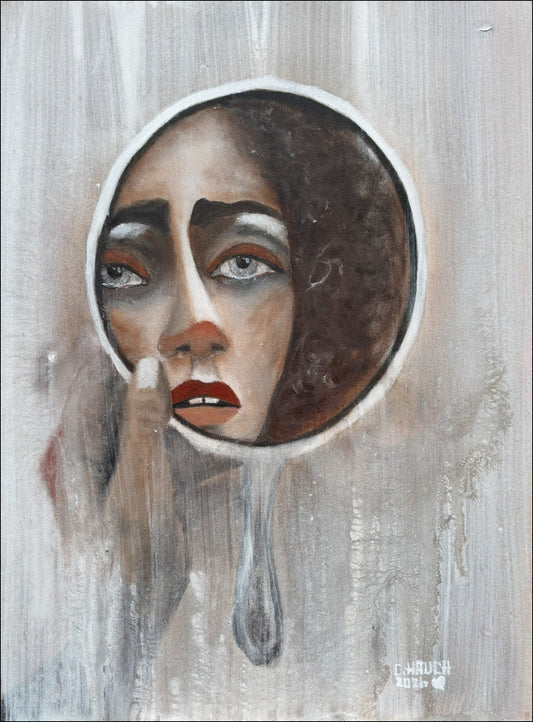 Dieses Werk ist Teil der Serie „Innenwelten“ und beschäftigt sich mit einem Moment, der selten ehrlich passiert: dem Blick auf sich selbst.

Nicht im Spiegel aus Glas.
Sondern im Inneren.

Die dargestellte Figur steht sinnbildlich für diesen stillen Augenblick. Einen Moment ohne Ausweichbewegung. Ohne Ablenkung. Ohne Maske.

Was bleibt, ist der eigene Blick.
Ungefiltert. Direkt.

Und genau darin liegt die Herausforderung:
Sich selbst zu sehen – ohne zu beschönigen.
Ohne sich zu verstecken.

Die reduzierte F