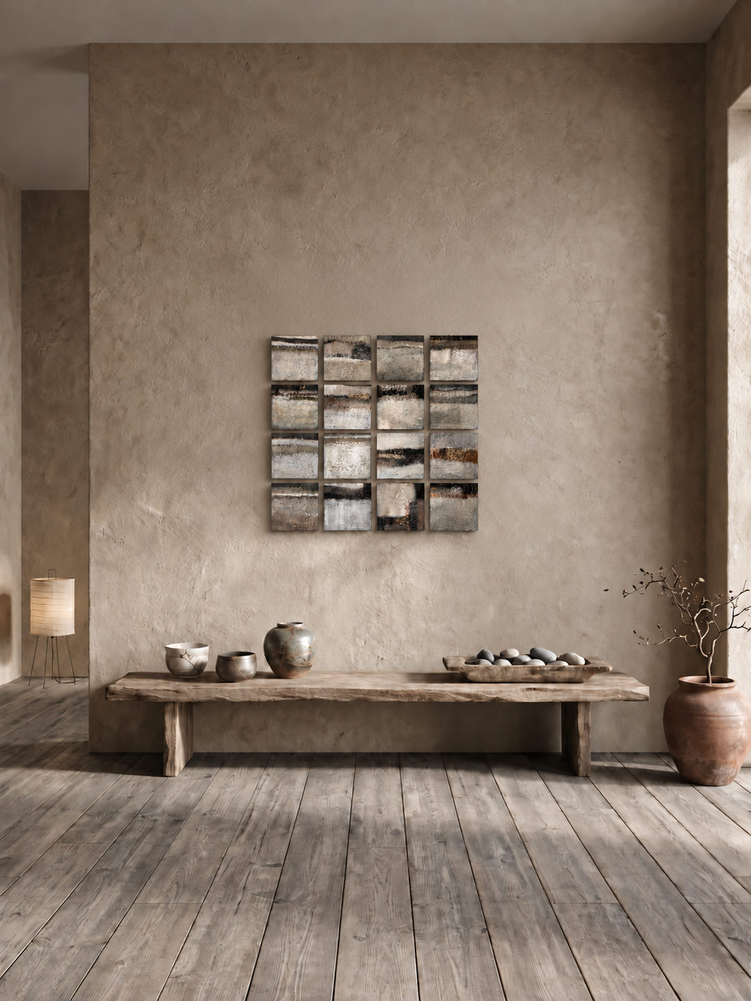 Erdfragment Nr. 1 als Teil einer Sechzehnergruppe über Sideboard, Wohnzimmer mit Sofa und Naturholzmöbeln (Beispielanordnung, mehrere Einzelstücke)
