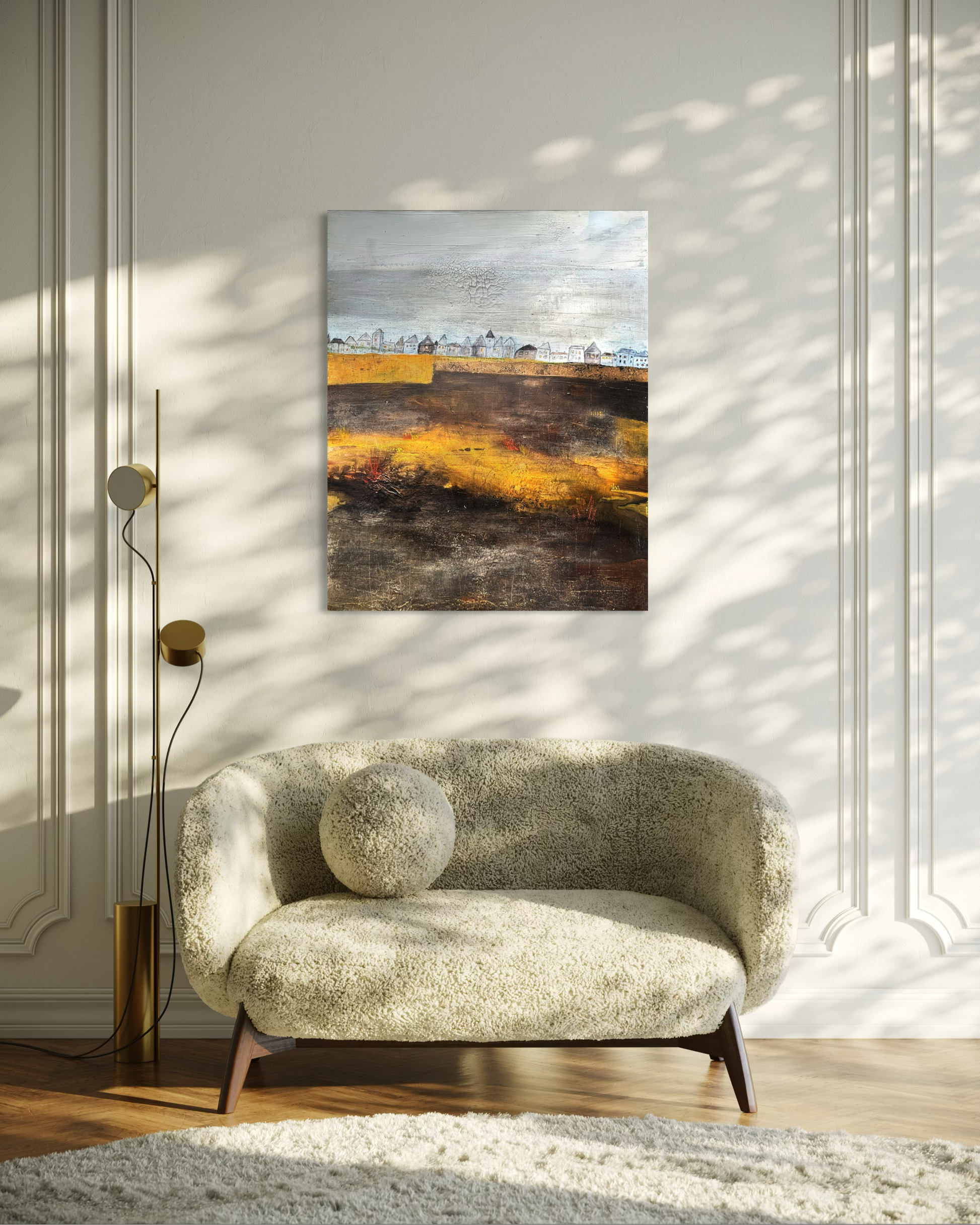 Hauch Art Galerie-Stück: Abstraktes Werk mit Häuser-Motiv, charakteristische Strukturkunst auf Keilrahmen.