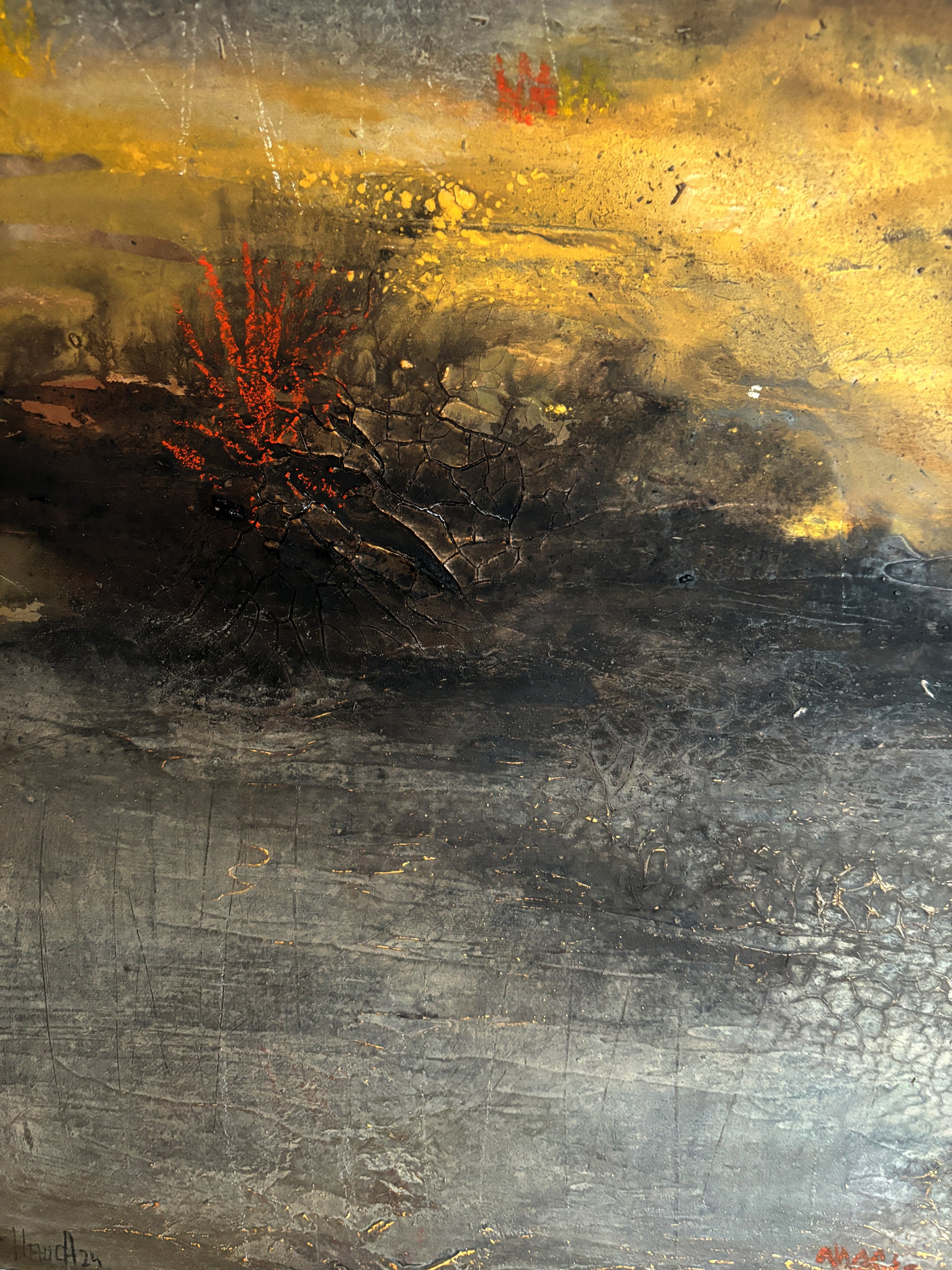 Mischtechnik auf Leinwand: Abstraktes Landschaftsbild mit Ölfarben und haptischen Naturmaterialien von Cornelia Hauch.