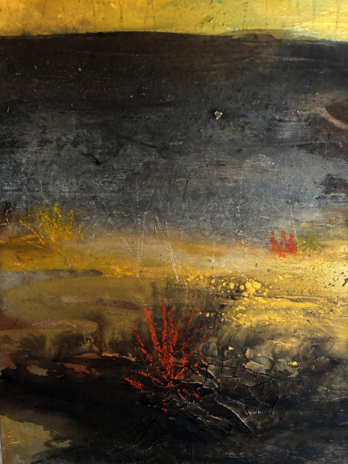 Die Häuser hinterm Deich | Abstraktes Ölgemälde mit Struktur, 100 x 80 cm