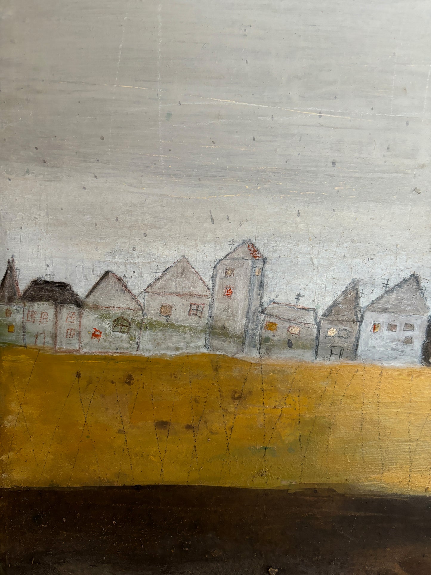 Cornelia Hauch Unikat: „Die Häuser hinterm Deich“, signiertes Originalgemälde aus dem Atelier in Österreich.