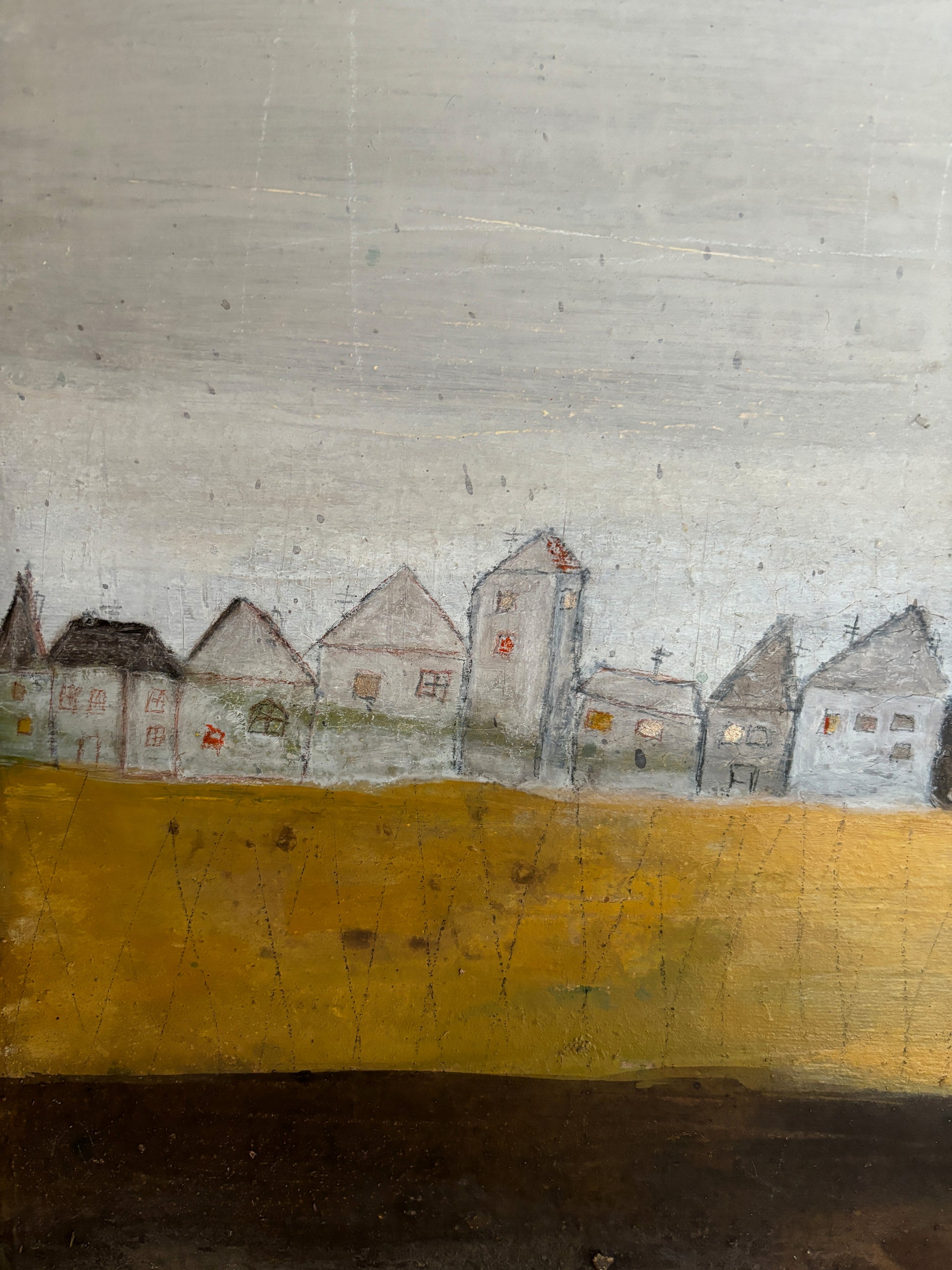 Cornelia Hauch Unikat: „Die Häuser hinterm Deich“, signiertes Originalgemälde aus dem Atelier in Österreich.