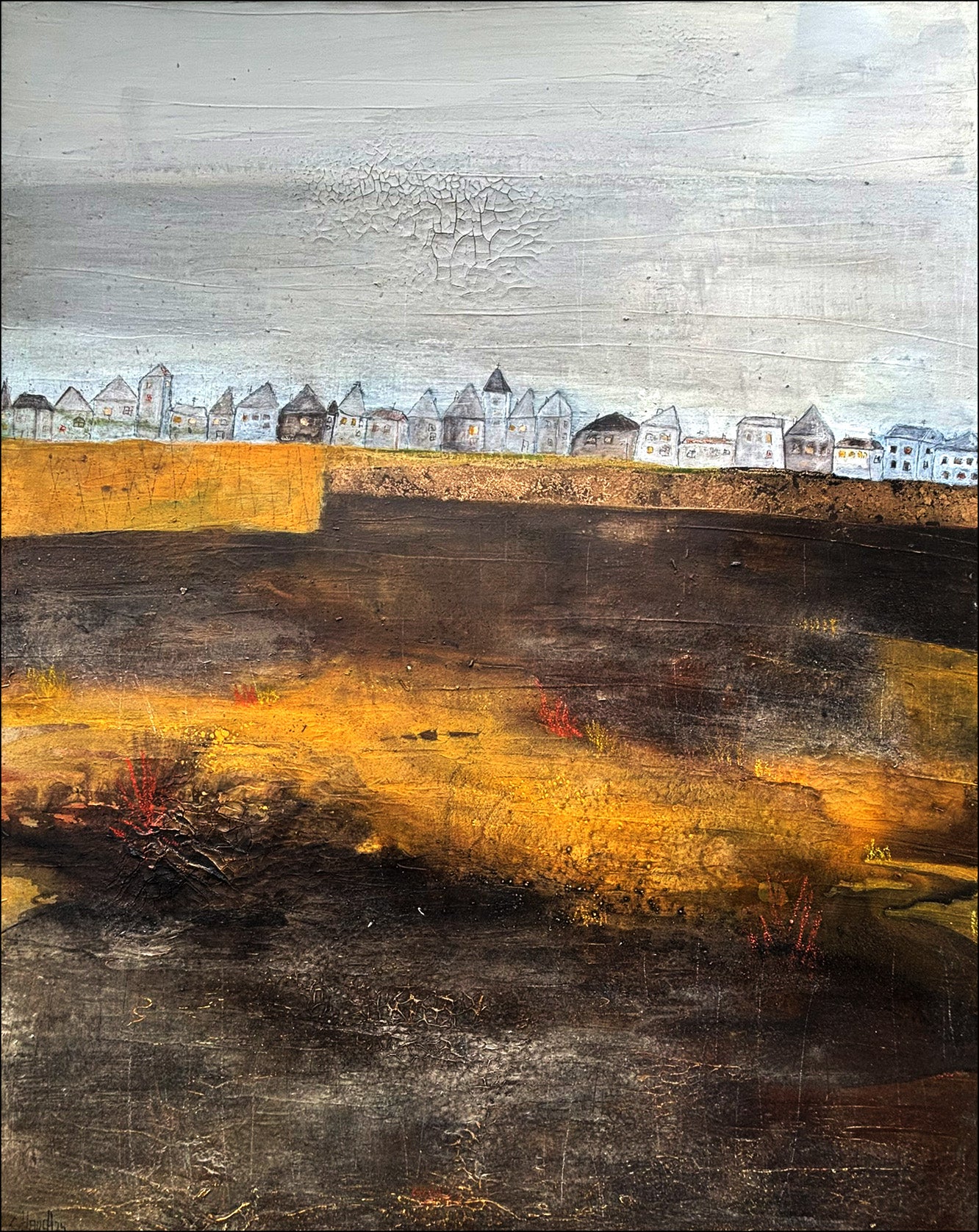 Kuratierte Kunstqualität: „Die Häuser hinterm Deich“, handgefertigtes Ölgemälde mit Fokus auf Textur und Tiefe.