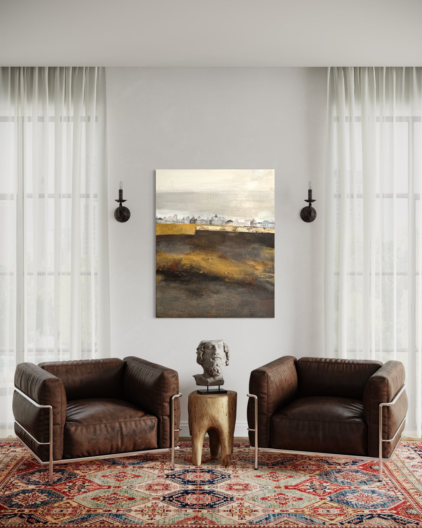 Großformatiges Ölgemälde 100x80cm, Motiv abstrakte Häuserzeile am Horizont mit goldenen Lichtakzenten.