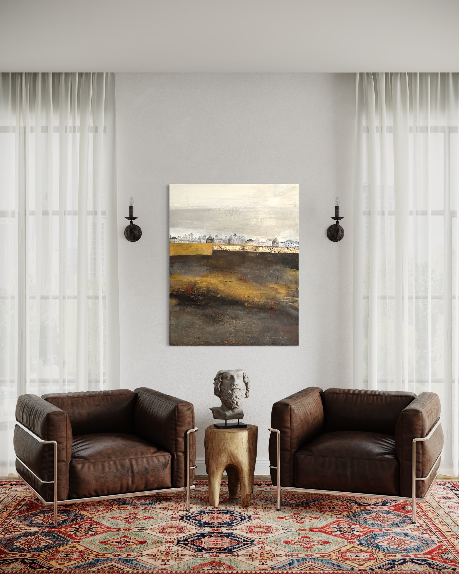 Großformatiges Ölgemälde 100x80cm, Motiv abstrakte Häuserzeile am Horizont mit goldenen Lichtakzenten.