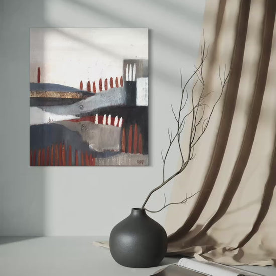 Abstrakte Landschaft auf Leinwand mit Zypressen-Assoziation und stillem, warmem Licht