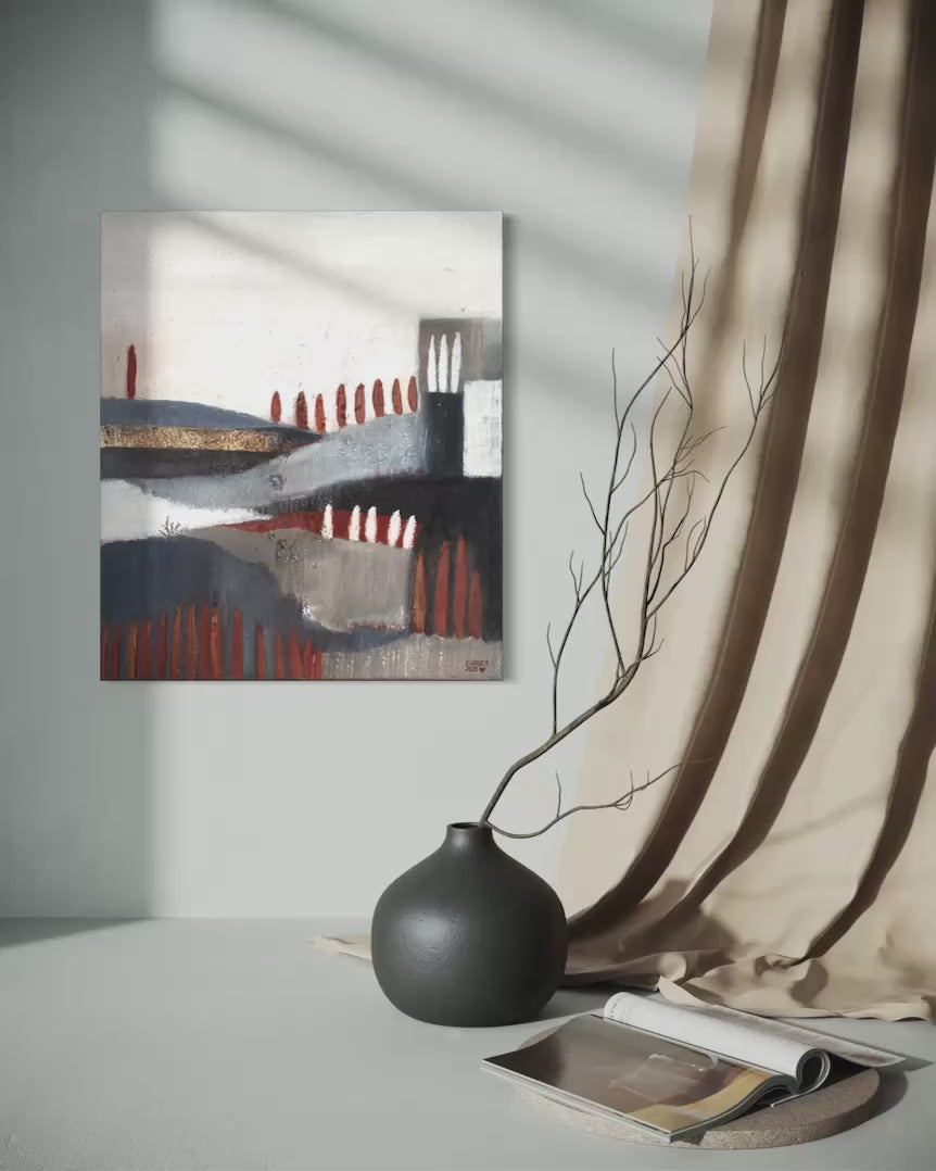 Abstrakte Landschaft auf Leinwand mit Zypressen-Assoziation und stillem, warmem Licht