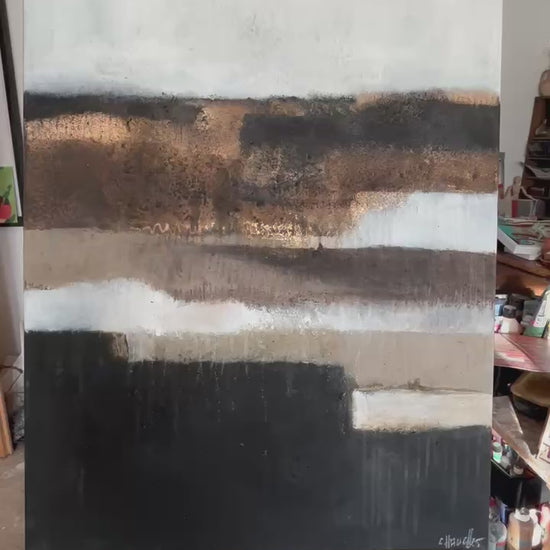 Abstrakte Kunst auf Leinwand, aufgebaut in mehreren Schichten mit Spachtel und Händen, Naturmaterialien und Struktur.