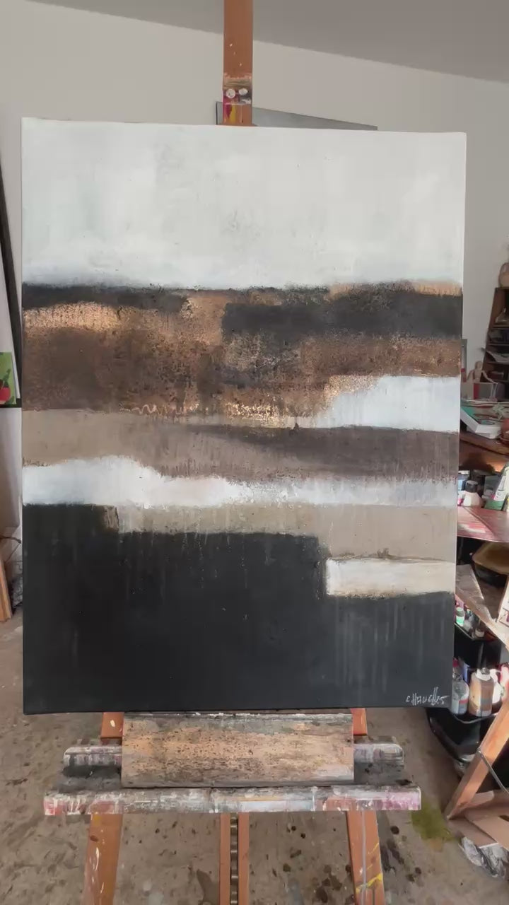 Abstrakte Kunst auf Leinwand, aufgebaut in mehreren Schichten mit Spachtel und Händen, Naturmaterialien und Struktur.