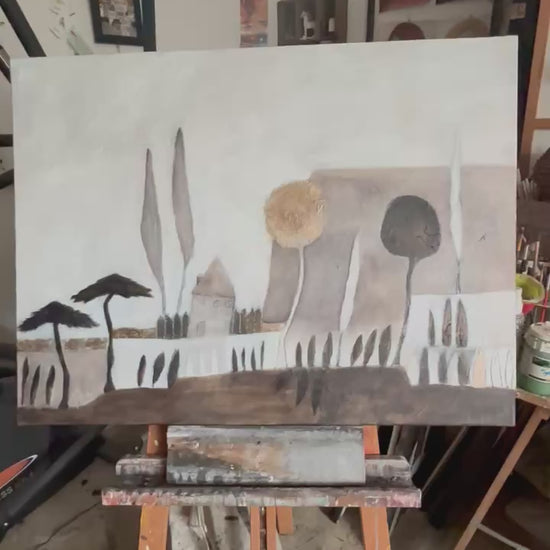 Video zeigt ein abstraktes Landschaftsgemälde in erdigen Naturtönen mit Goldakzenten, inspiriert von der Toskana, mit ruhiger mediterraner Stimmung.