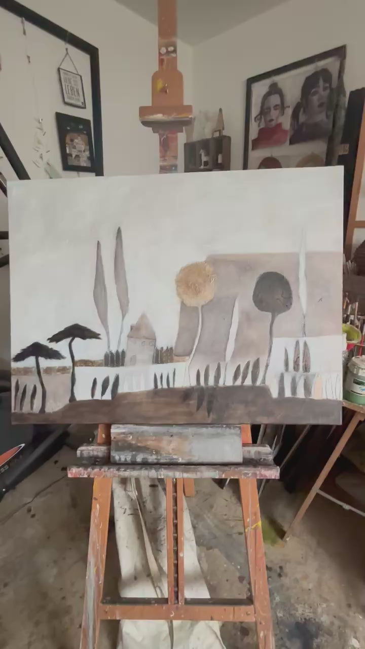 Video zeigt ein abstraktes Landschaftsgemälde in erdigen Naturtönen mit Goldakzenten, inspiriert von der Toskana, mit ruhiger mediterraner Stimmung.