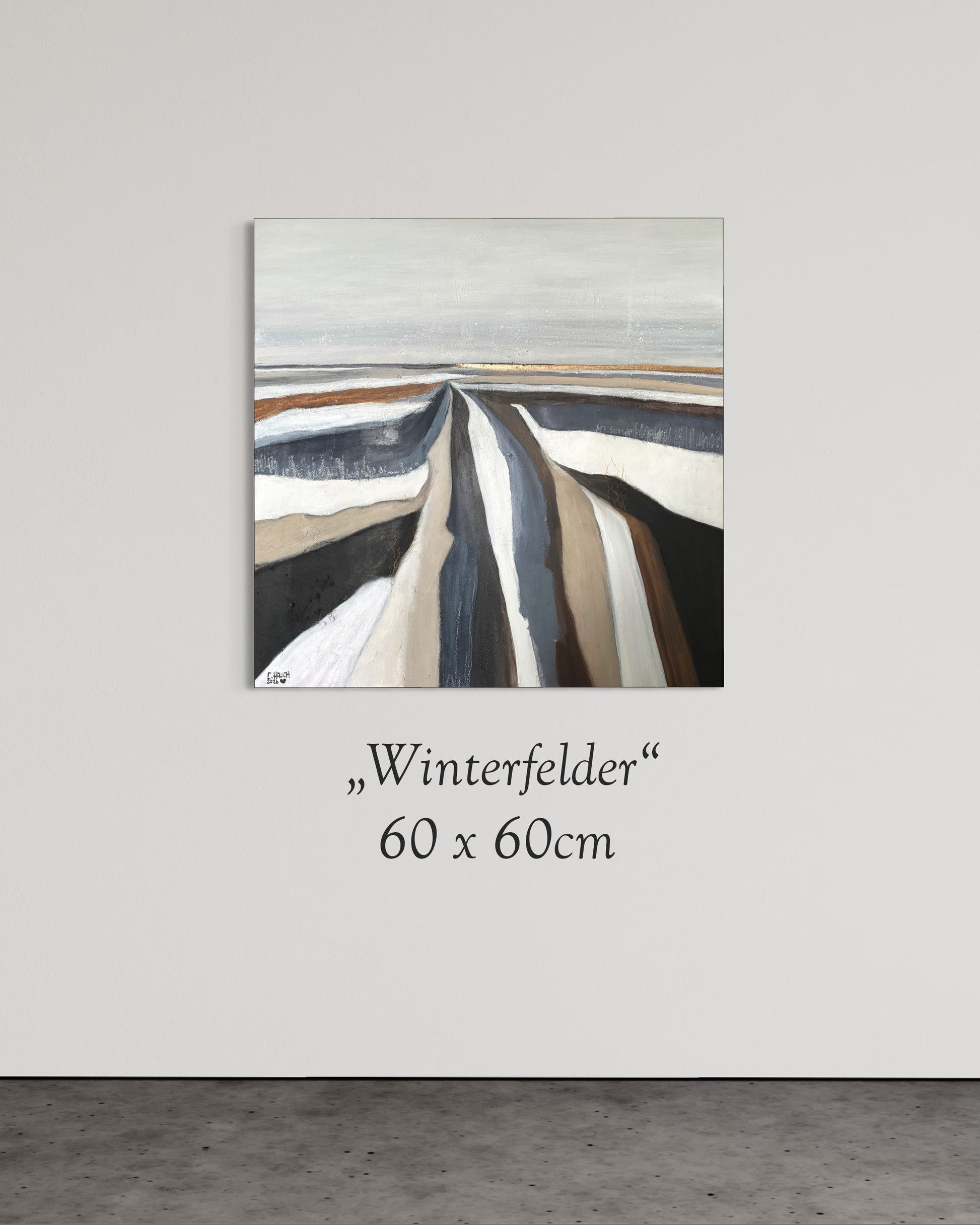 „Abstraktes Winterbild als moderne Wanddekoration über einem Sofa im skandinavischen Stil.“