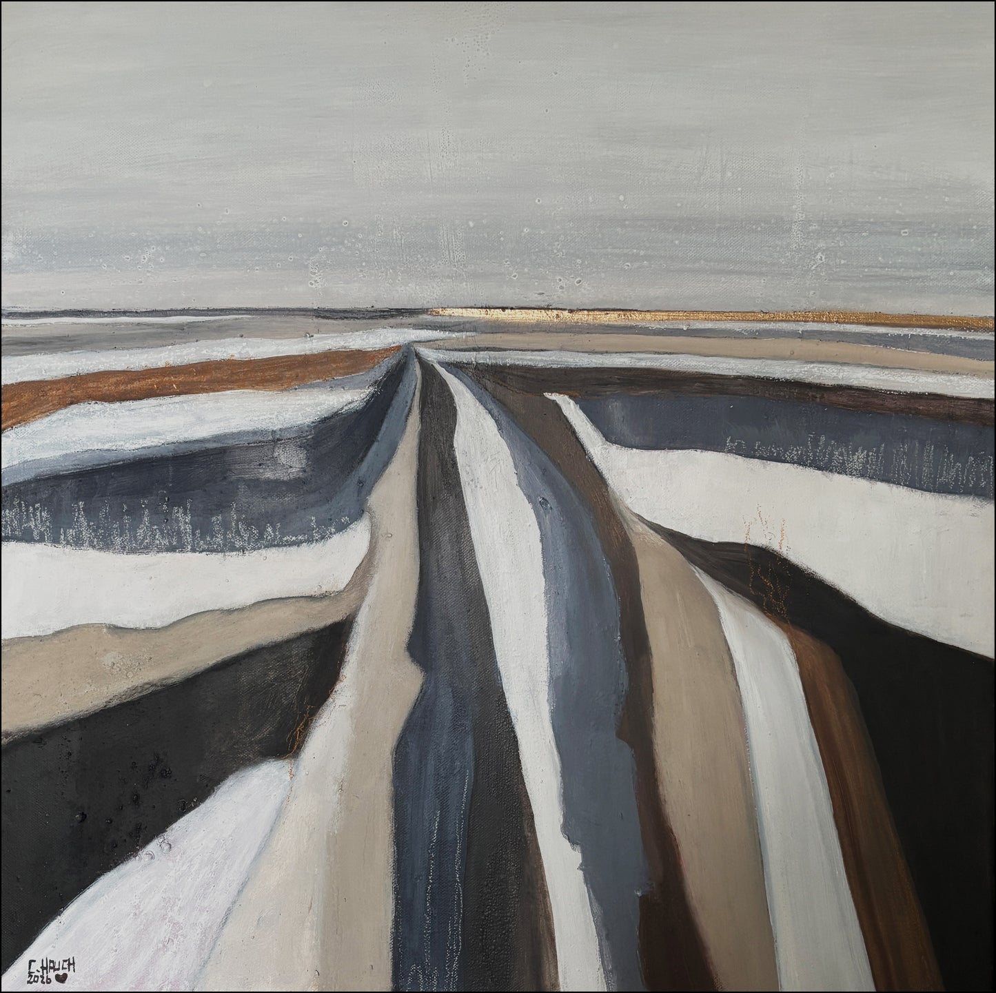 „Meditatives Landschaftsgemälde in hellen Naturtönen für eine beruhigende Schlafzimmer-Atmosphäre.“